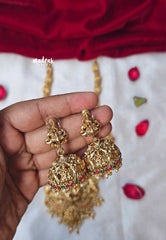 Traditional Lakshmi and mayil bridal Long Necklace / Haram in Matte Finish With Earrings