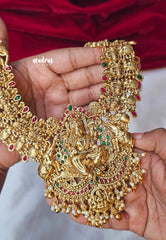 Traditional Lakshmi and mayil bridal Long Necklace / Haram in Matte Finish With Earrings