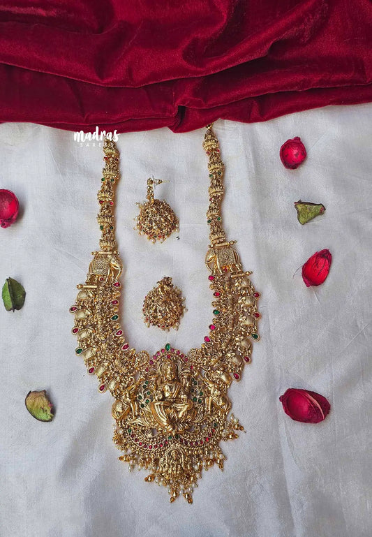 Traditional Lakshmi and mayil bridal Long Necklace / Haram in Matte Finish With Earrings