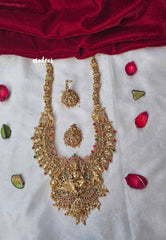 Traditional Lakshmi and mayil bridal Long Necklace / Haram in Matte Finish With Earrings
