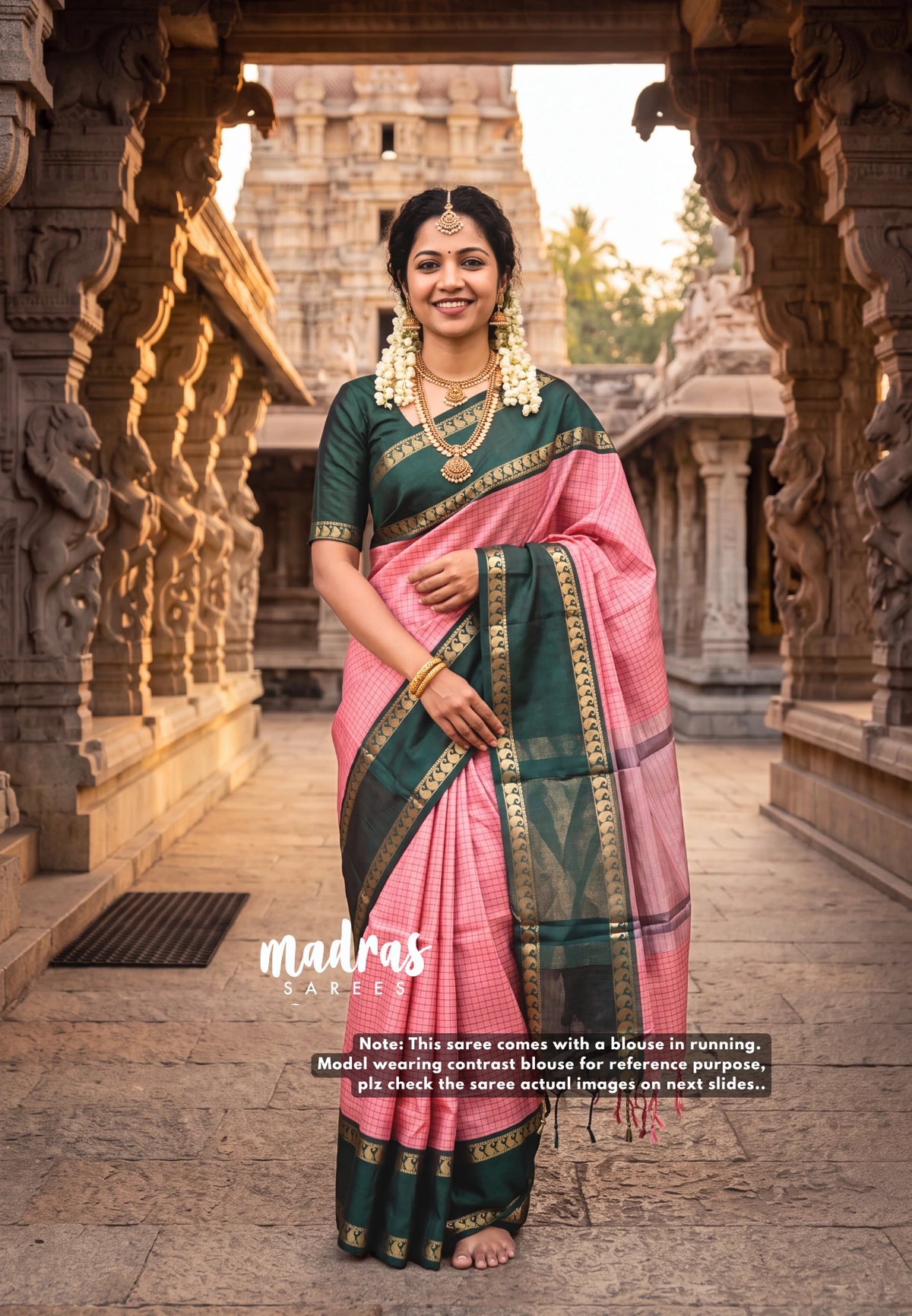 Lotus Peach Pink - Sico Gadwal Semi Silk Checks with Rettapet Mango Border - Best for Wedding Functions