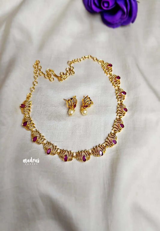 Trendy Lotus Impon Necklace Set  Ruby with Earrings