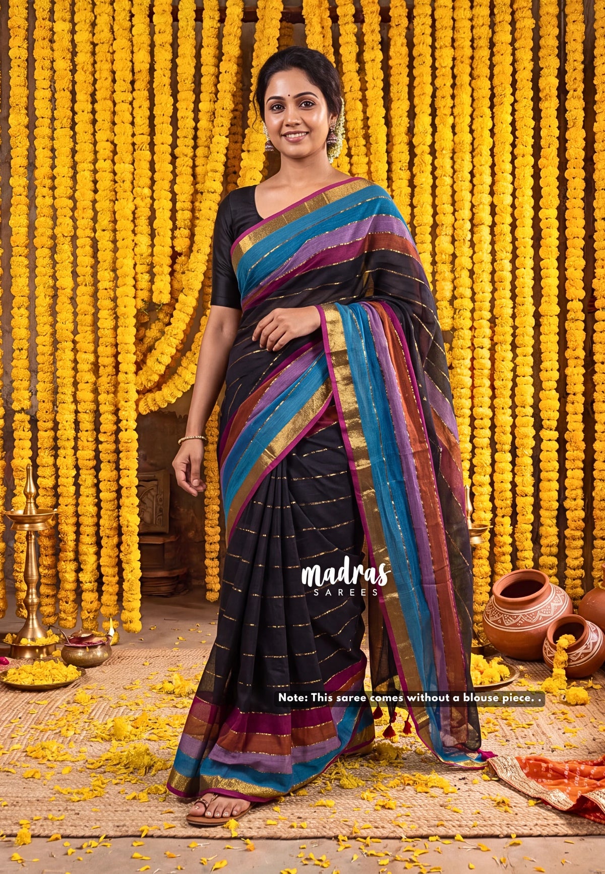 Black & Rainbow - Soft Mul cotton saree with rainbow border ( NO blouse )