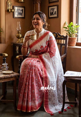 Brick Red - Pragathi - Linen Cotton Saree with Flower Prints with Contrast Pallu - Perfect for Office Wear | Summer wear | Casual Wear