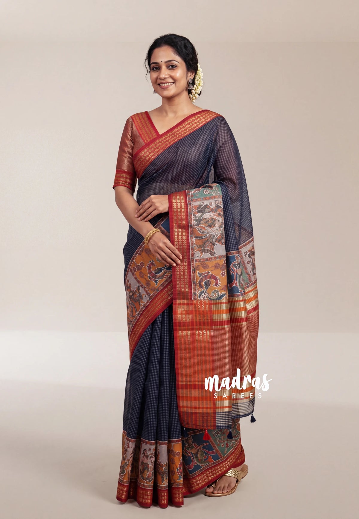 Midnight Blue - Shalini - Artisanal Work Super Net Saree with Art Work Border - Best for Festive Wear / Hightea party