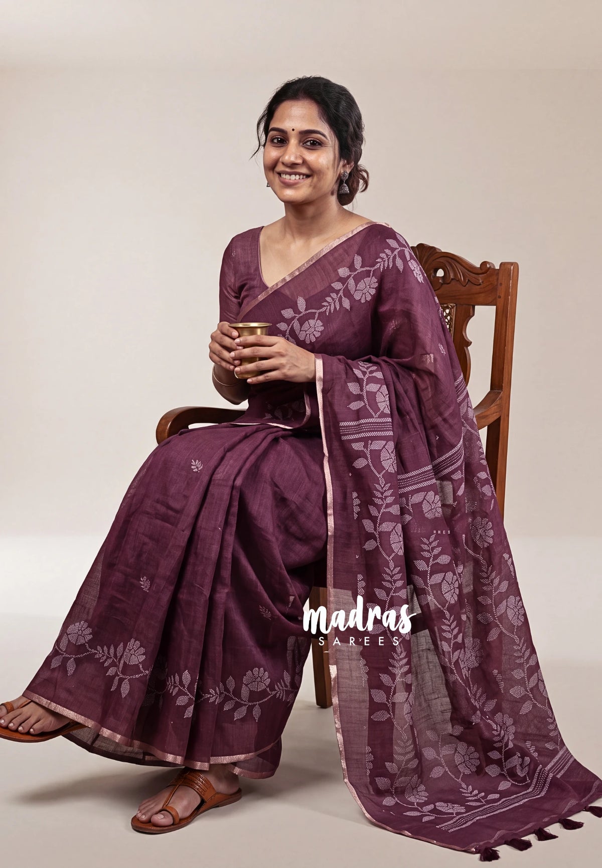 (PRE-BOOKING) Wine Maroon - Pragathi - Linen Cotton Saree with Floral Prints Border - Perfect for Office Wear | Summer wear | Casual Wear