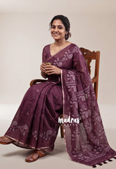 (PRE-BOOKING) Wine Maroon - Pragathi - Linen Cotton Saree with Floral Prints Border - Perfect for Office Wear | Summer wear | Casual Wear