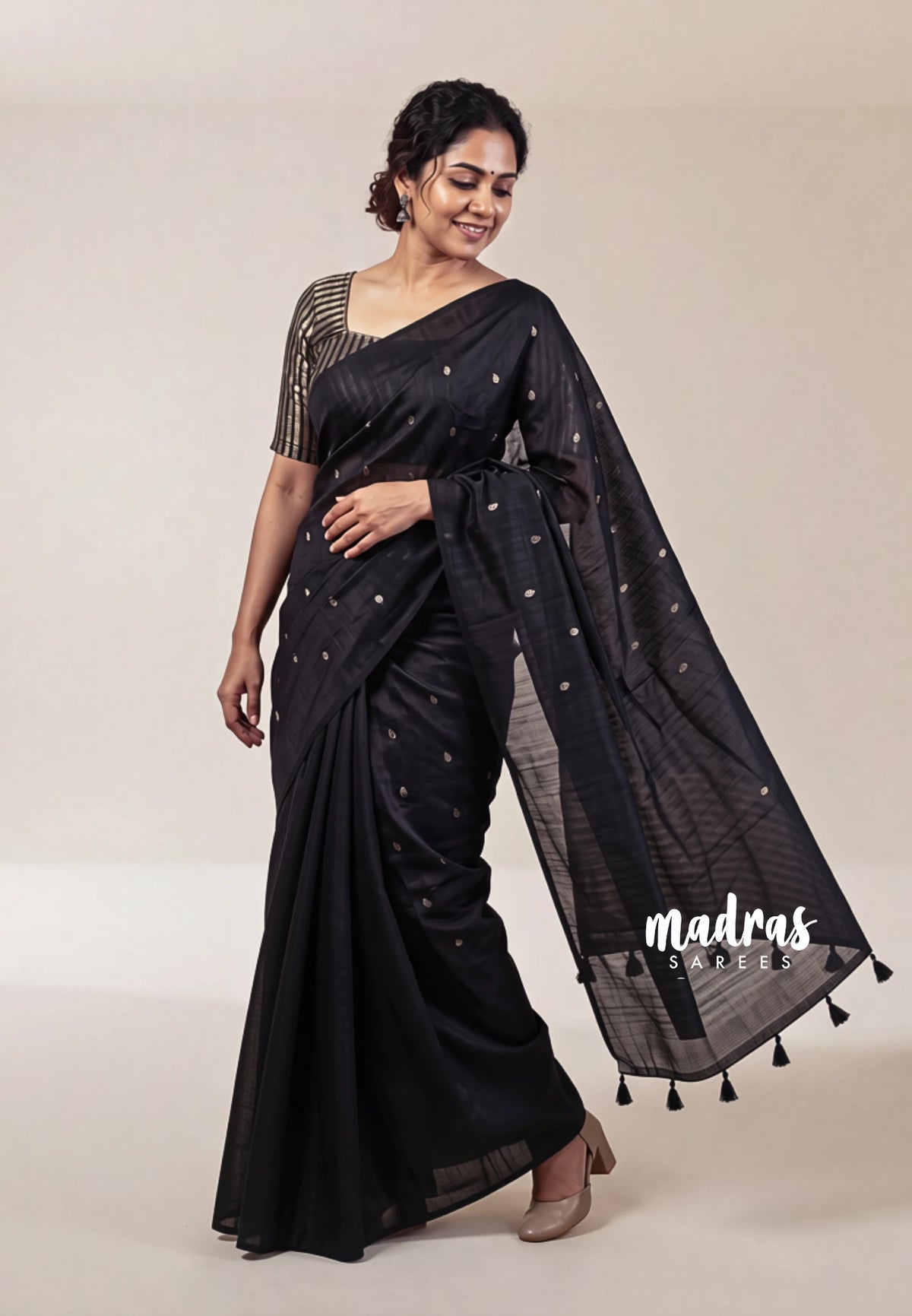 Jet Black - Jute Tussar Silk Saree with Stripes Texture and Tissue Blouse - Best for Small Functions