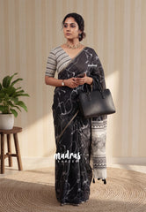 Elephant Black - Pragathi - Linen Cotton Saree with Floral Prints - Perfect for Office Wear | Summer wear | Casual Wear