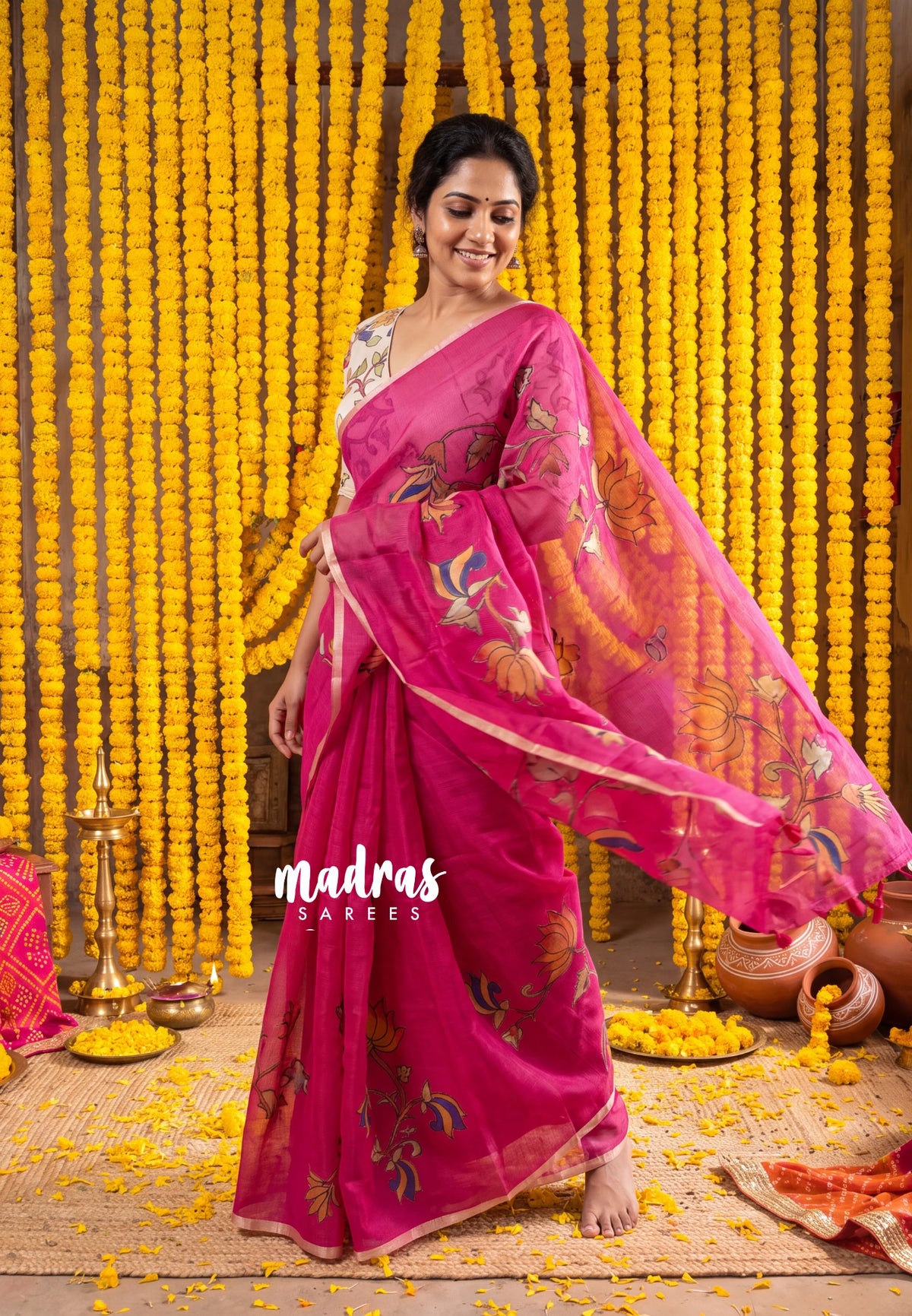 Fuchisia Pink - Premium Kota Silk with Hand Painted Pen Kalamkari Applique Work - Best for Office Wear | Hightea Party