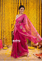 Fuchisia Pink - Premium Kota Silk with Hand Painted Pen Kalamkari Applique Work - Best for Office Wear | Hightea Party
