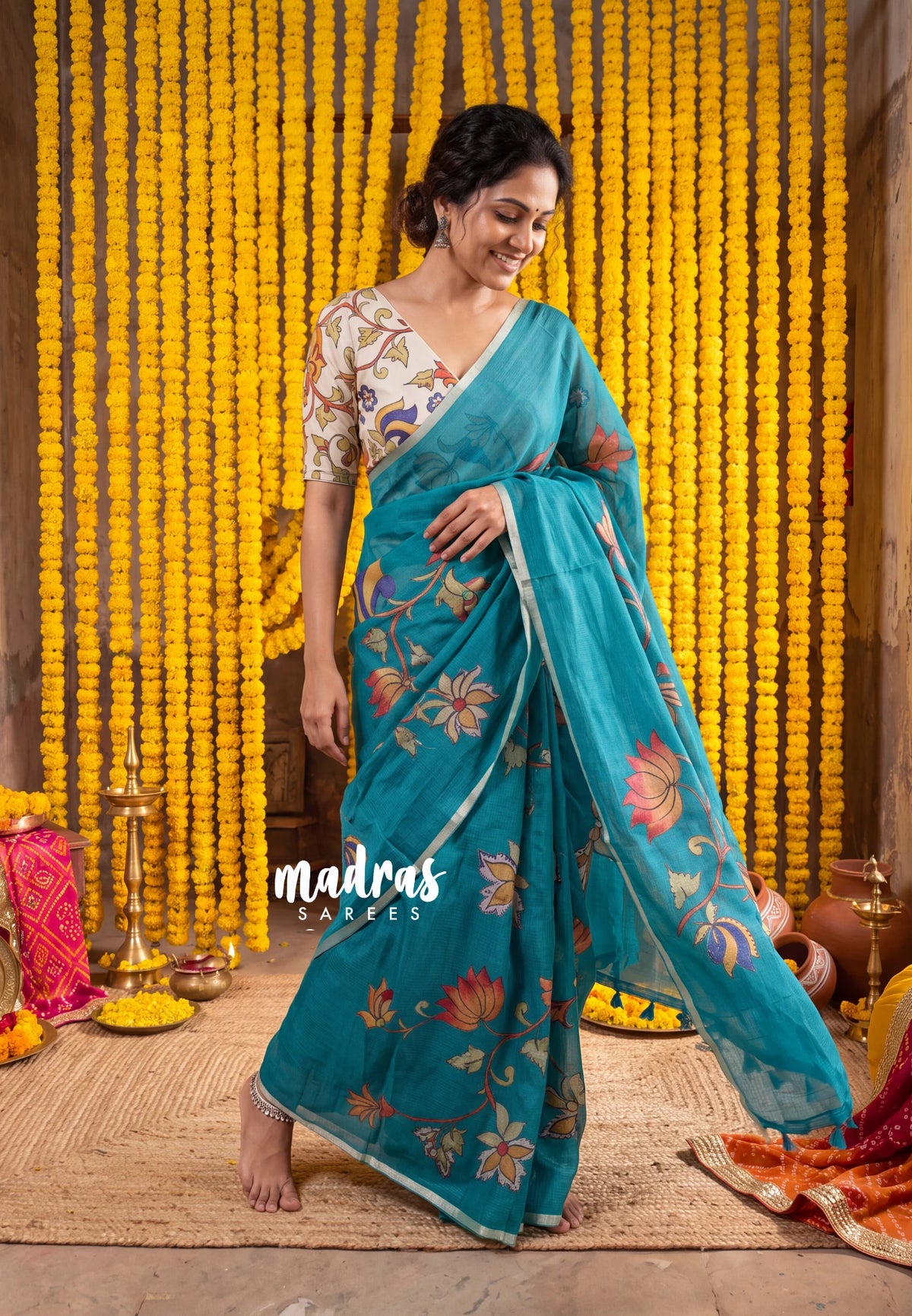 Teal Blue - Premium Kota Silk with Hand Painted Pen Kalamkari Applique Work - Best for Office Wear | Hightea Party