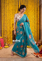 Teal Blue - Premium Kota Silk with Hand Painted Pen Kalamkari Applique Work - Best for Office Wear | Hightea Party