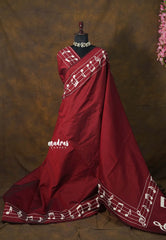 Deep Maroon - sindhu bhairavi - Madras Margazhi Special Handpainted Bamboo Cotton Saree with music notes