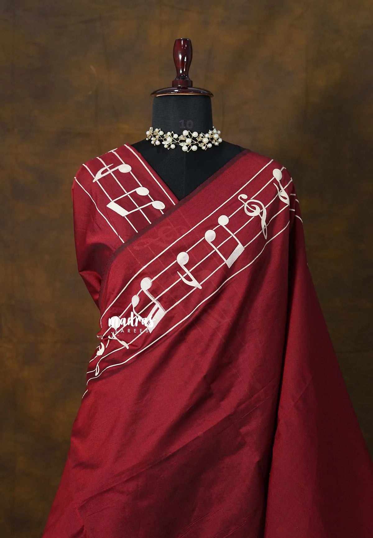 Deep Maroon - sindhu bhairavi - Madras Margazhi Special Handpainted Bamboo Cotton Saree with music notes