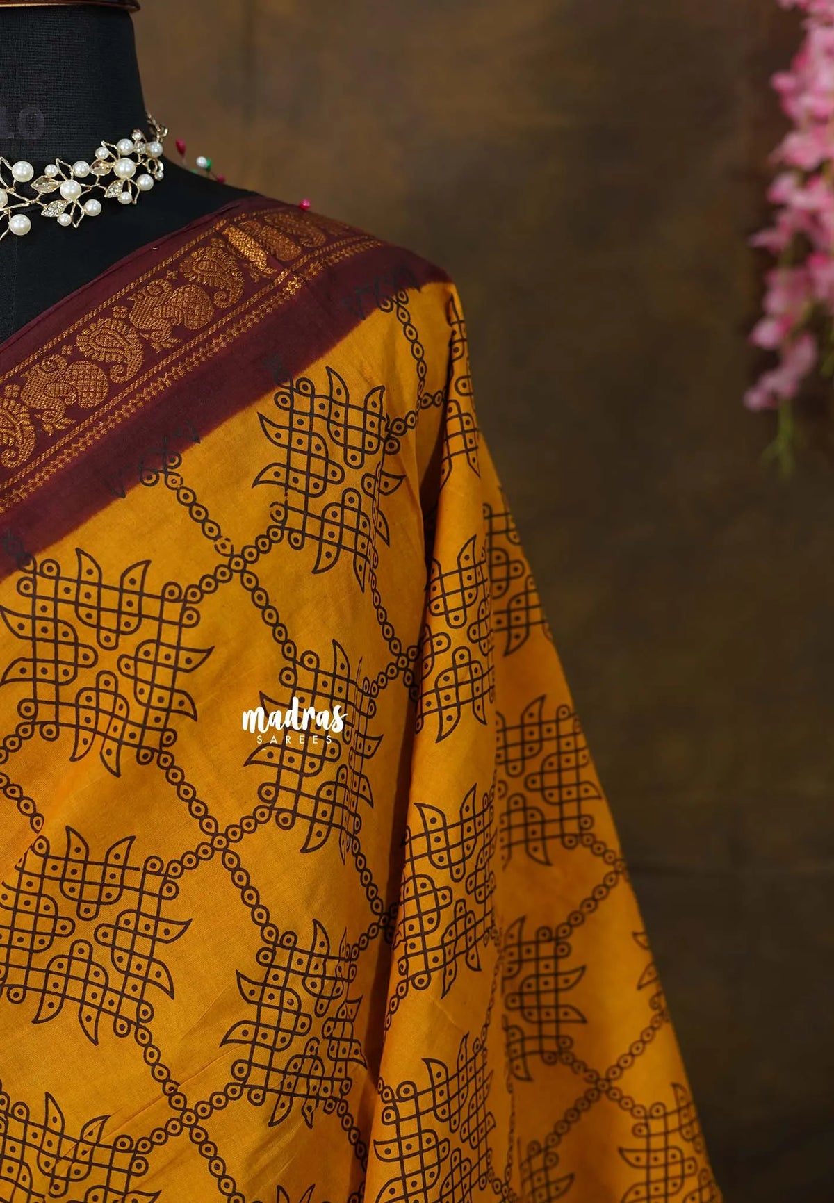 Golden Mustard - Subbulakshmi – Madras Margazhi Special Sungudi Cotton Saree kolam prints with traditional border no blouse