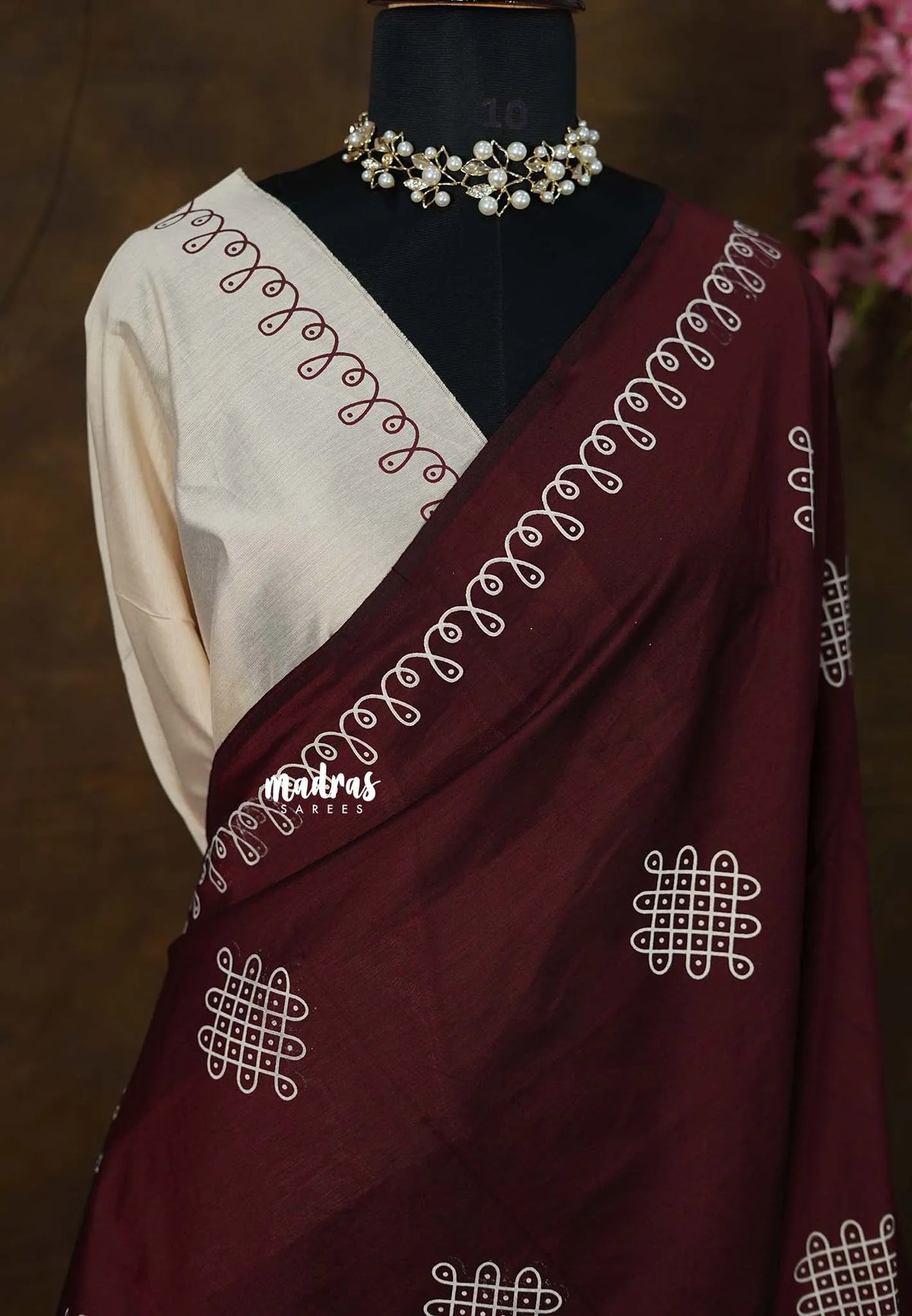 Plum maroon - Oviyam - Madras Margazhi Special Handblock kolam Printed Bamboo Cotton Double Blouse Combo