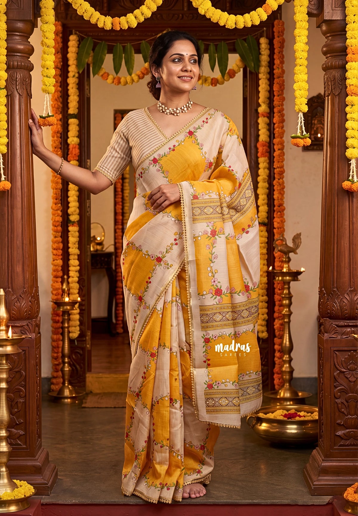 Sand Beige with Orangish Yellow - Anjali - Soft Tissue Linen Saree with Floral Print & Lace Border – Best for Pooja Functions