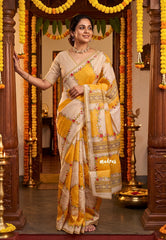 Sand Beige with Orangish Yellow - Anjali - Soft Tissue Linen Saree with Floral Print & Lace Border – Best for Pooja Functions