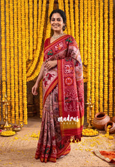 Dual Shade Onion Peach with Red - Sowbhagya Gift silk – Soft Silk Elegance Saree Premium Kalamkari Weaving Body Patola Weaving Border - Perfect for Festive Celebration