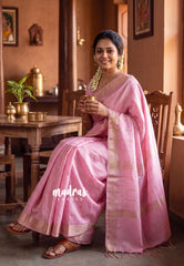 Lotus Pink - Khadi Silk Saree with Zari Border and Buttas - Best for Small Functions | Temple Visit
