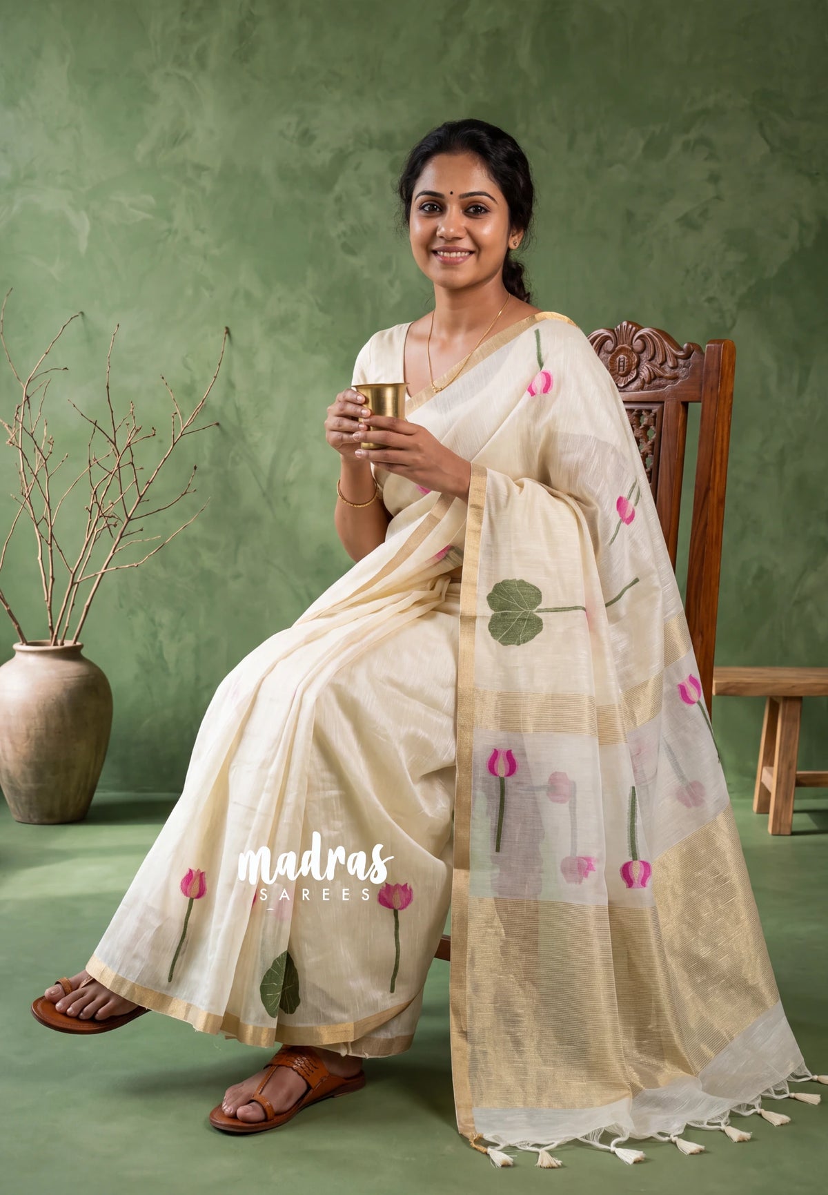 Creamy Ivory - Soft Muslin Silk Saree with Floral Weave & Small Border | Elegant Office Wear Saree