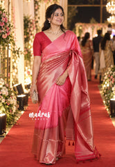 Peach Pink with Maroon Red - Manjari -  Raw Silk in Raising Kanjivaram Weaving Style - Best for Small Functions | Pooja | Reception