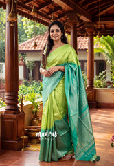 Light and Dark Green - Manjari -  Raw Silk in Raising Kanjivaram Weaving Style - Best for Small Functions | Pooja | Reception