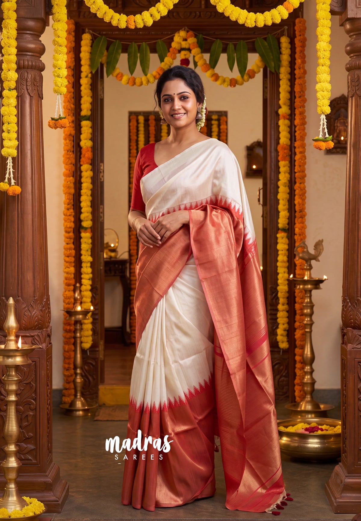 Ivory Cream with Red - Manjari -  Raw Silk in Raising Kanjivaram Weaving Style - Best for Small Functions | Pooja | Reception