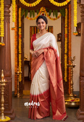Ivory Cream with Red - Manjari -  Raw Silk in Raising Kanjivaram Weaving Style - Best for Small Functions | Pooja | Reception