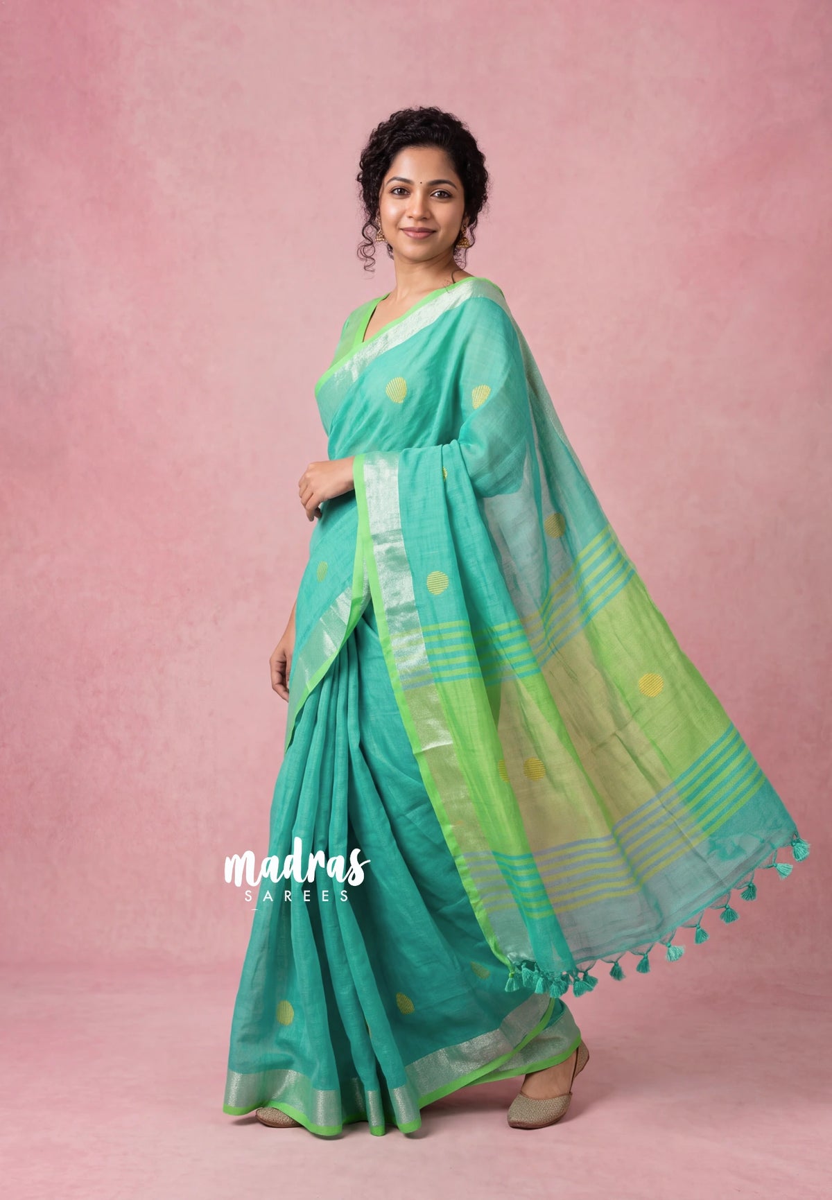 (PRE-BOOKING) Cyan with green - kannamma Handwoven Ballbutta linen
