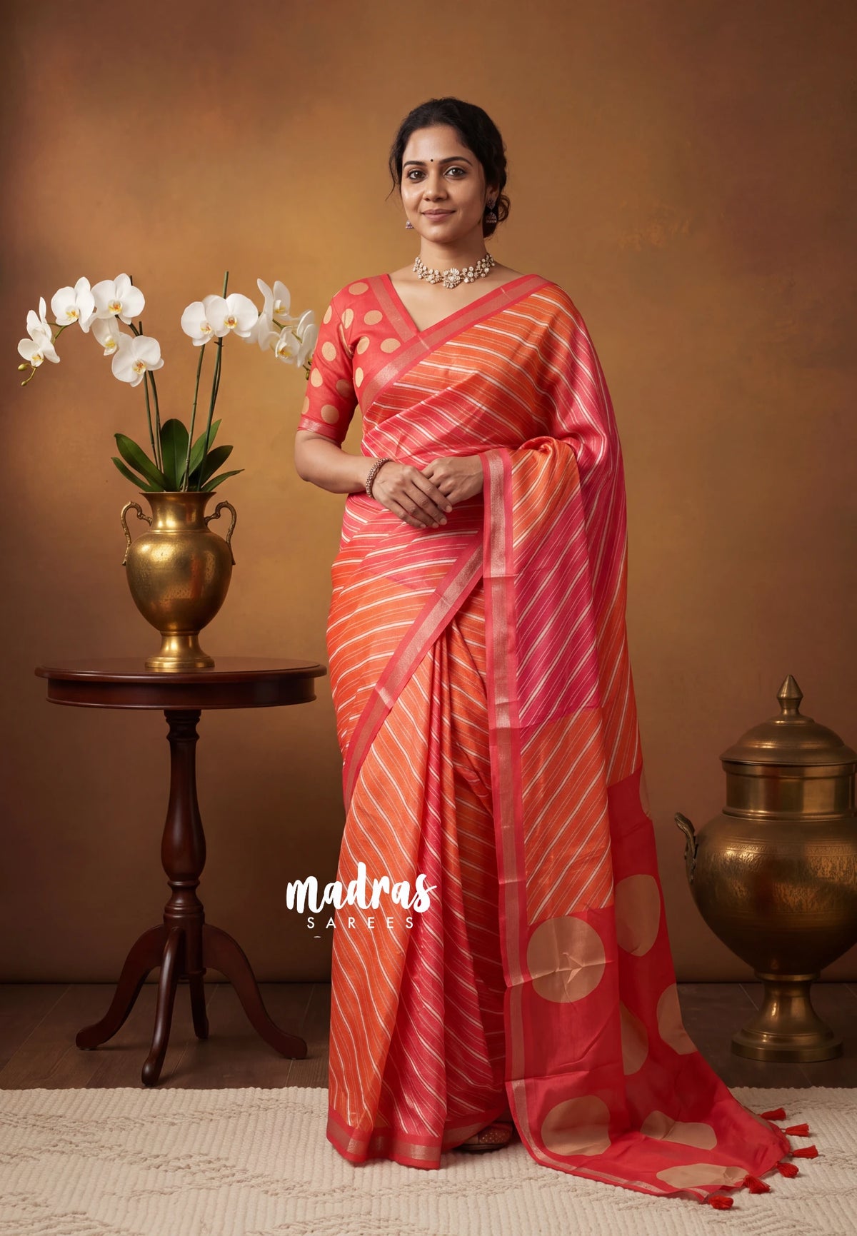 Orange with Red - Ananya - Soft Mangalore Silk Saree with Diagonal Striped Lines - Best for Casual Gatherings