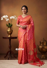 Orange with Red - Ananya - Soft Mangalore Silk Saree with Diagonal Striped Lines - Best for Casual Gatherings