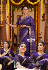 Dark Jamun Purple - Khadi Silk Saree with Zari Border and Buttas - Best for Small Functions | Temple Visit