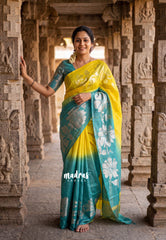 Lemon Yellow & Muted Teal - Premium Jute Silk with Gradient Tone And Floral Jamdani Weaving - Perfect for Night Functions | Tea party