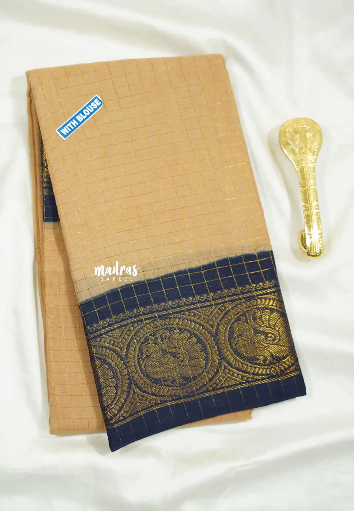 Beige with blue - Margazhi Sungudi checks Tradiotional border with blouse