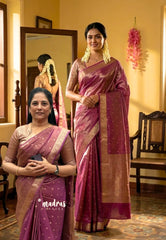 Golden Shade Magenta Mist - Thendral - Kanchi tissue silk Saree with Rich Pallu and Blouse - Perfect for Wedding Functions