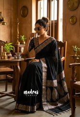 Nightfall Black - Maheswari - Lightweight Cotton Silk Plain Body with Grand blouse  - Best for Small Functions