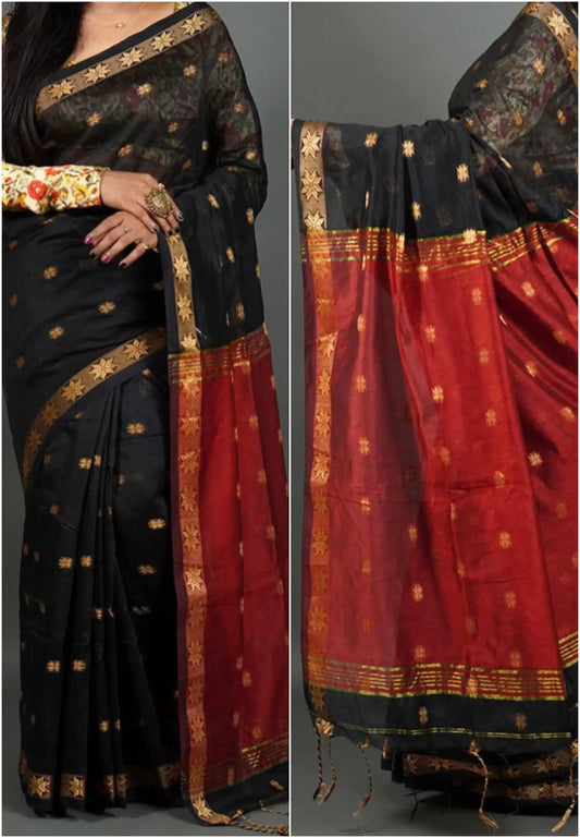 Maheswari - Black cotton silk with buttas golder border