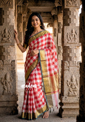 White with Red - Maheswari - Lightweight cotton Silk Saree Big Checks Body with Zari Border - Best for Small Funcitons