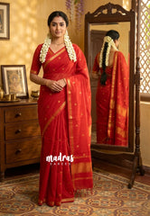 Spicy Red -  Maheswari - Premium Lightweight cotton silk with Tiny zari border with Buttas - Perfect for Festive Wear