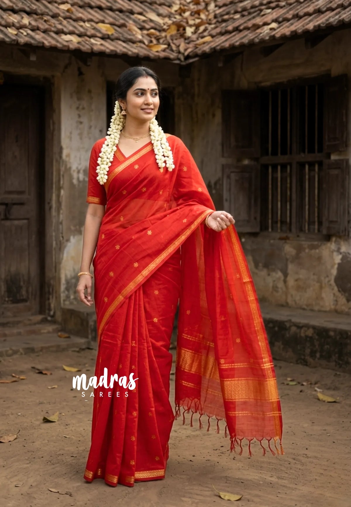 Spicy Red -  Maheswari - Premium Lightweight cotton silk with Tiny zari border with Buttas - Perfect for Festive Wear