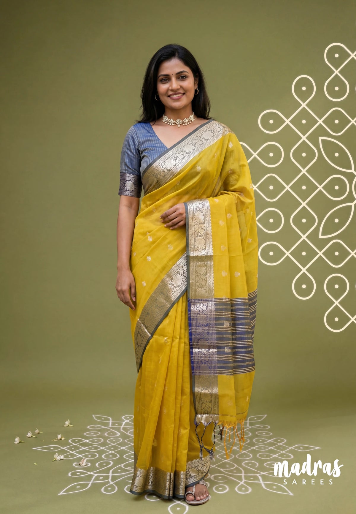 Yellowish Green - Maheswari - Lightweight Cotton Silk Saree with Floral Border  - Perfect for Small Functions