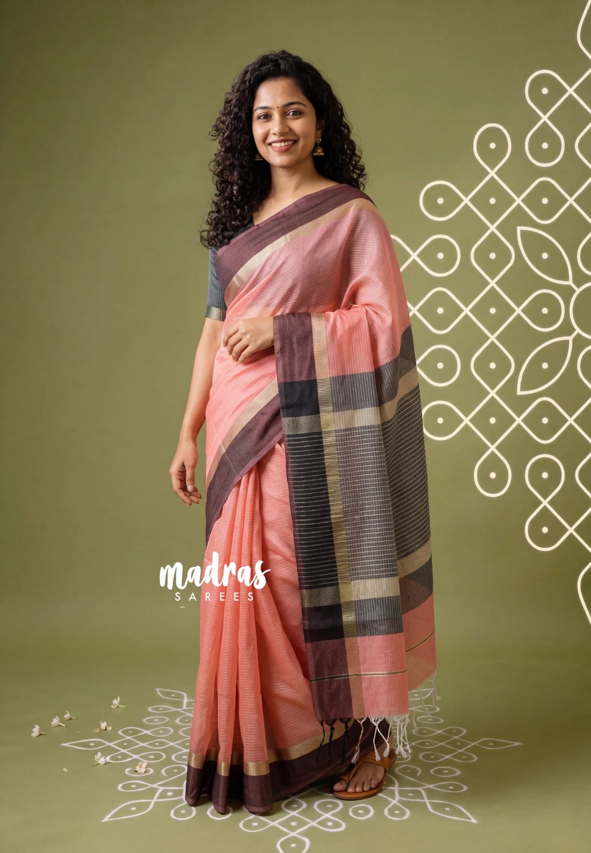 Lotus Peach - Maheswari - Lightweight Cotton Silk Saree Horizonatl Stripes with Skirt Border - Perfect for Small Functions