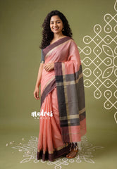 Lotus Peach - Maheswari - Lightweight Cotton Silk Saree Horizonatl Stripes with Skirt Border - Perfect for Small Functions