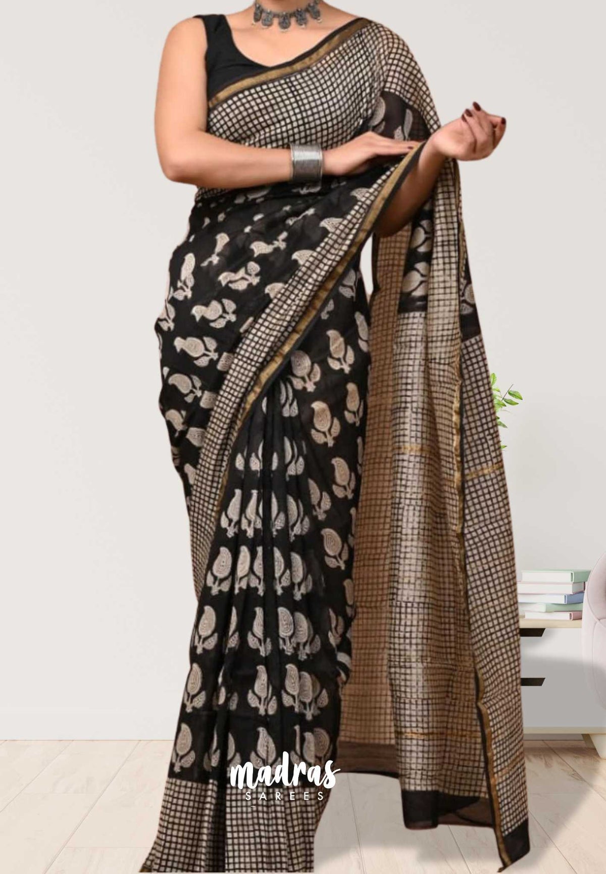 Yamuna - Handblock Maheswari silk with zari border - Black with checks border