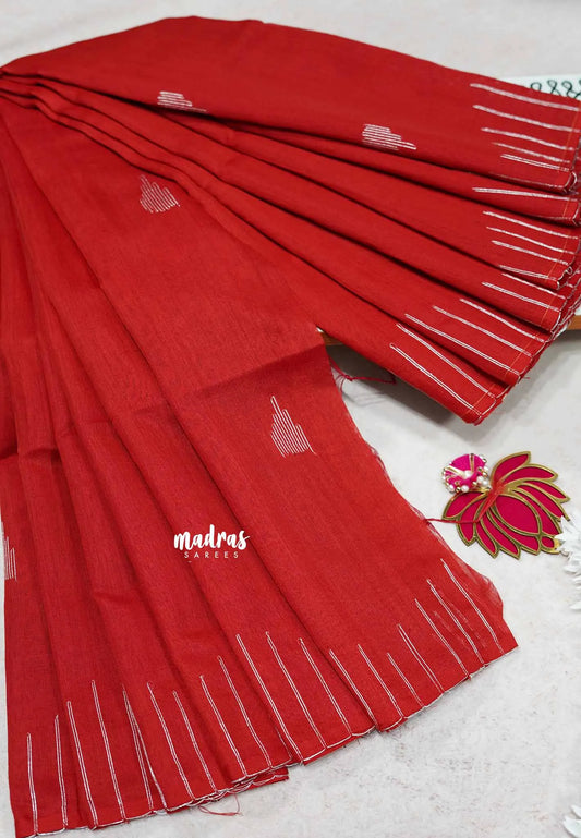 Crimson red - Maheswari - Premium cotton silk with with silver thread temple weaving