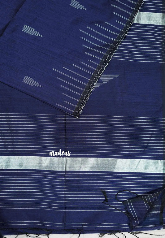 Navy blue - Maheswari - Premium cotton silk with with silver thread temple weaving