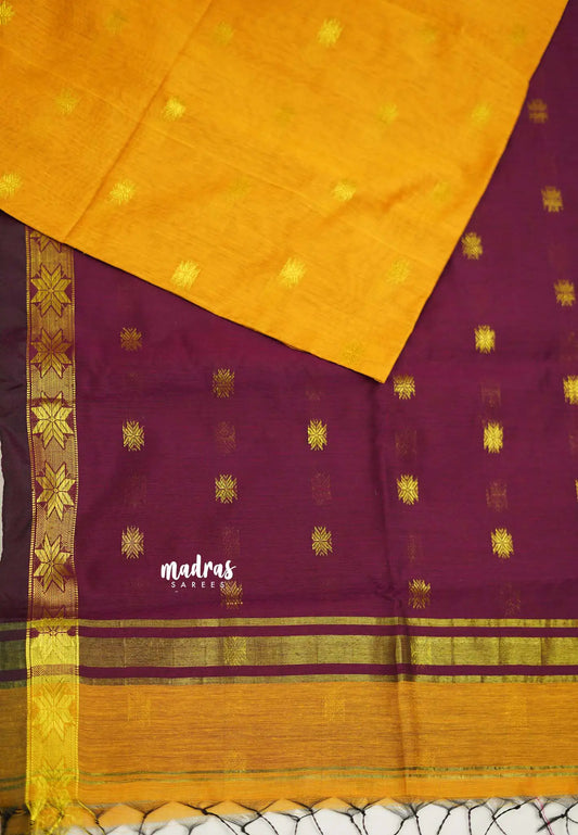 Maheswari - Mustard yellow with magenta cotton silk with buttas