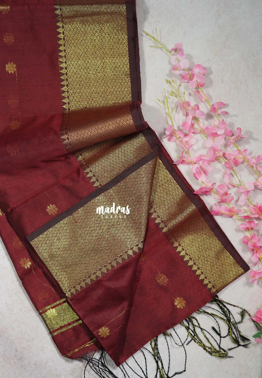 Araku Maroon - Maheswari - Lightweight Cotton Silk Saree with Getti Border and Buttas - Perfect for Pooja Funtions